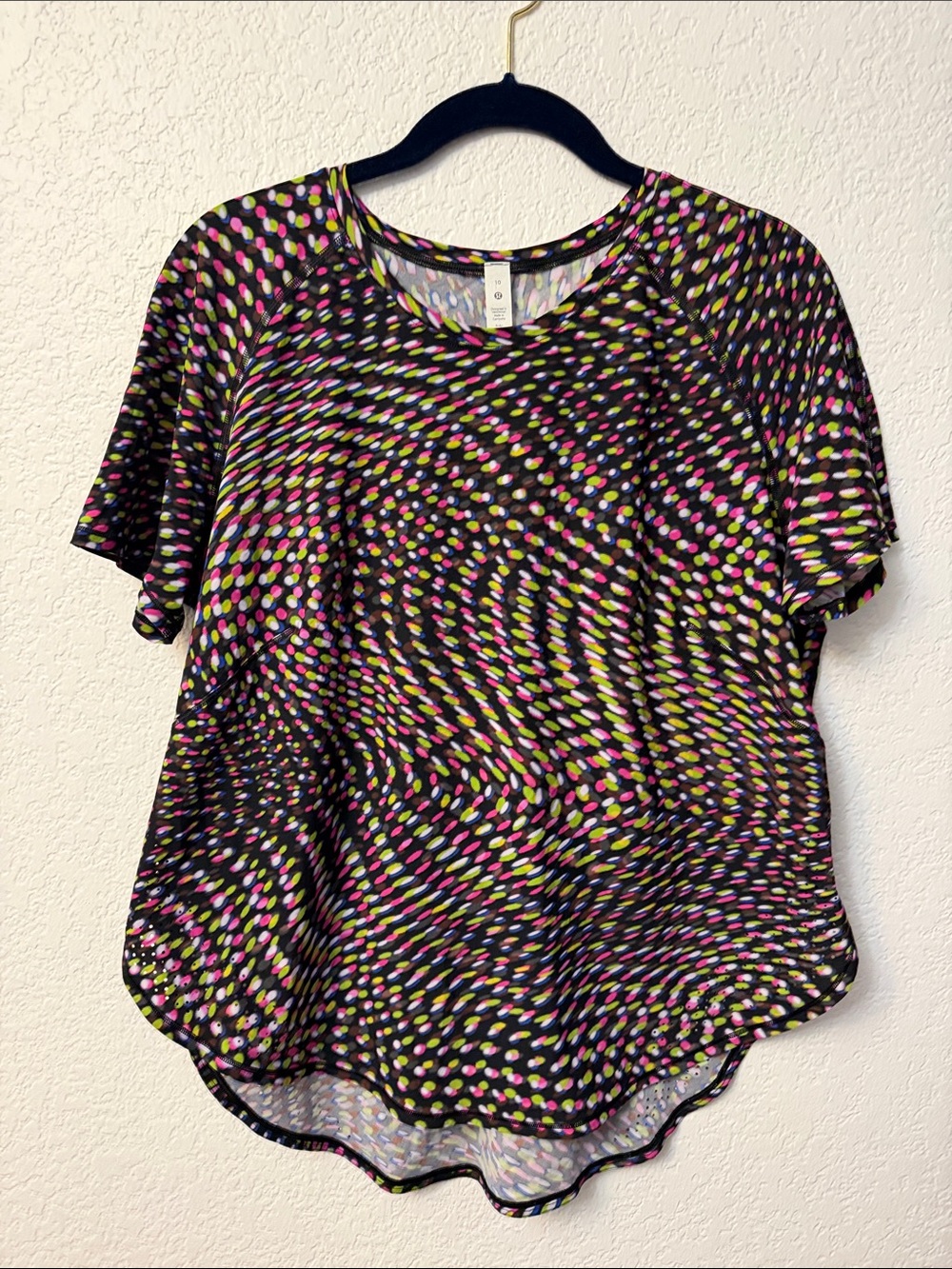 lululemon athletica Black Short Sleeve Top with Pink Lime and White Dot Pattern